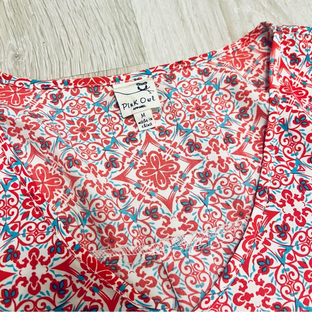 Pink Owl 3/4 Sleeve Tunic Blouse Top Red Turquoise Coral White V Neck - Picture 3 of 8
